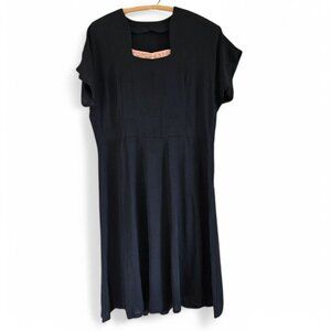 Vintage Black Midi Dress Embroidered Peach Trim Short Sleeve Pleated Skirt Retro